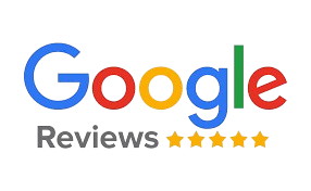 Google Reviews logo with "Google" in multicolored letters, "Reviews" in gray text below, and five yellow stars indicating a five-star rating.