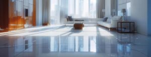 A spacious, modern living room with white tiled floors, large windows with sheer curtains, a white sectional sofa, dark tables, and sunlight streaming in, creating reflections on the glossy floor.