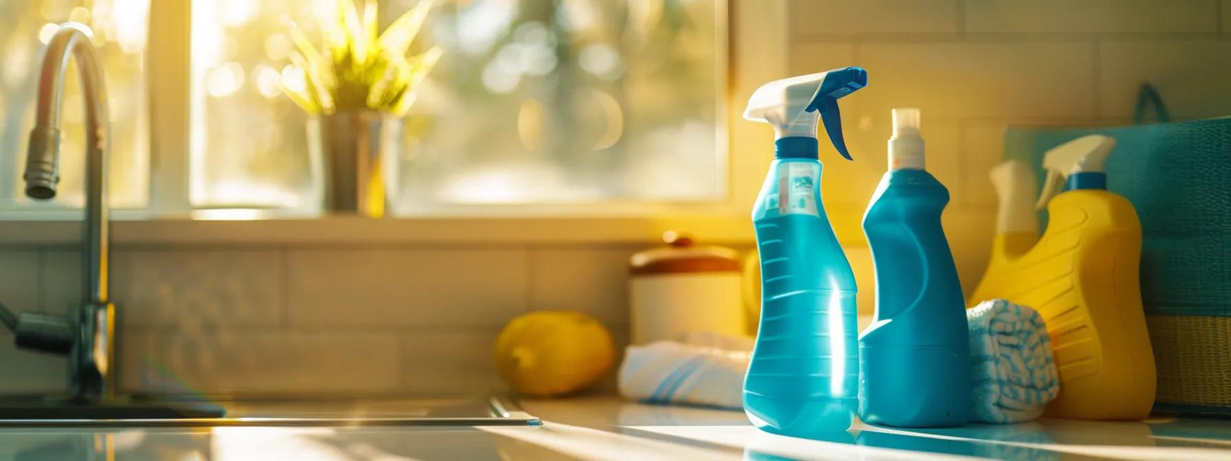 Bottles of blue and yellow cleaning products and a sponge are arranged on a kitchen counter, with sunlight streaming through a window and a potted plant in the background.