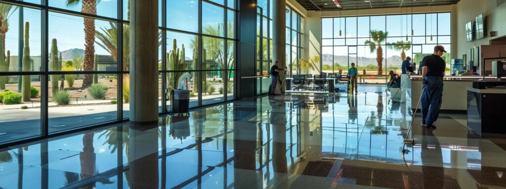 Modern commercial space with large windows, showcasing a bright interior, polished floors reflecting the surroundings, and staff engaged in cleaning and organizing, emphasizing professional cleaning services in Scottsdale.