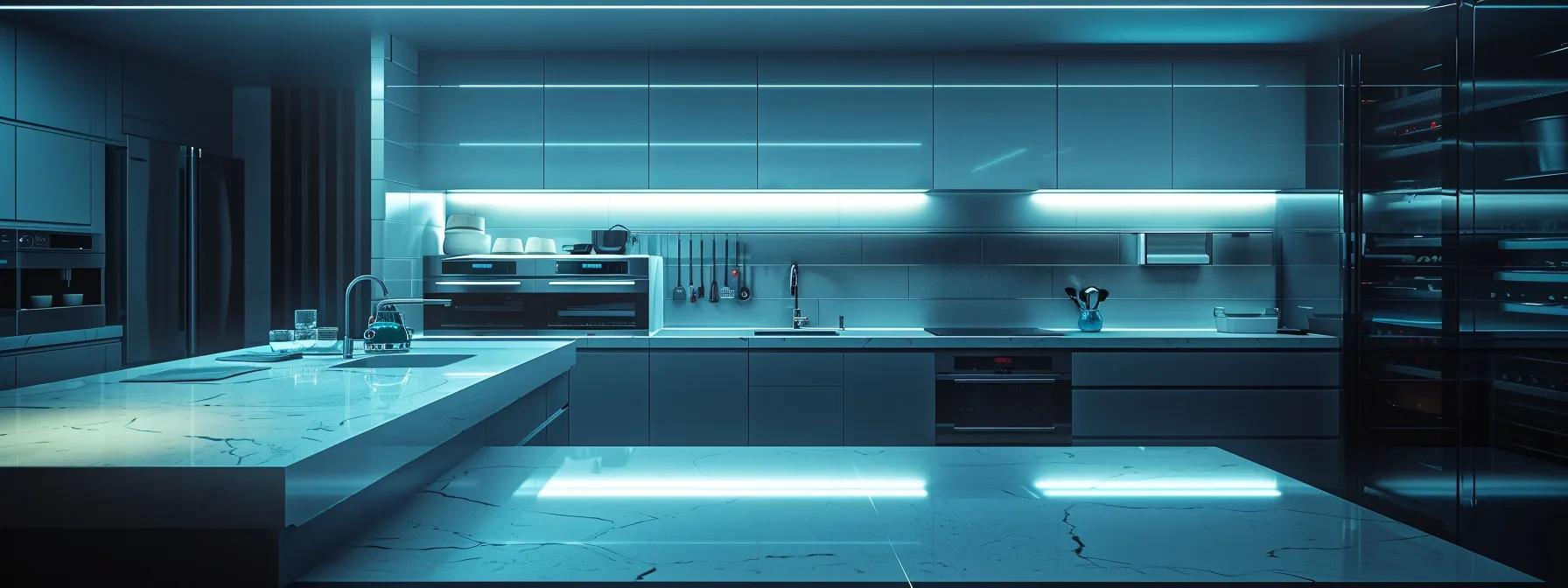 Modern kitchen with sleek, glossy cabinets, marble countertops, built-in appliances, and blue LED lighting creating a futuristic atmosphere. Various kitchen utensils and dishes are neatly arranged on the counters.