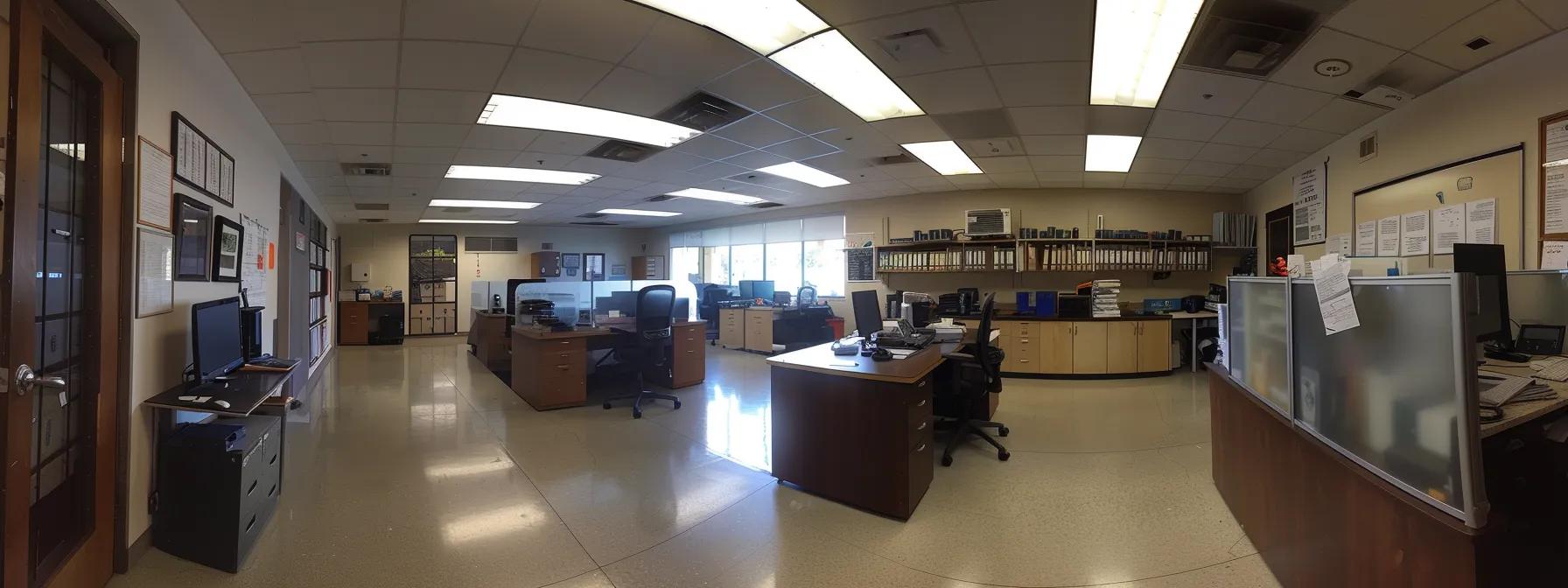 a pristine scottsdale office space gleams under the bright fluorescent lights, showcasing meticulous cleanliness with organized desks, polished surfaces, and sparkling glass partitions, embodying a professional and inviting atmosphere.