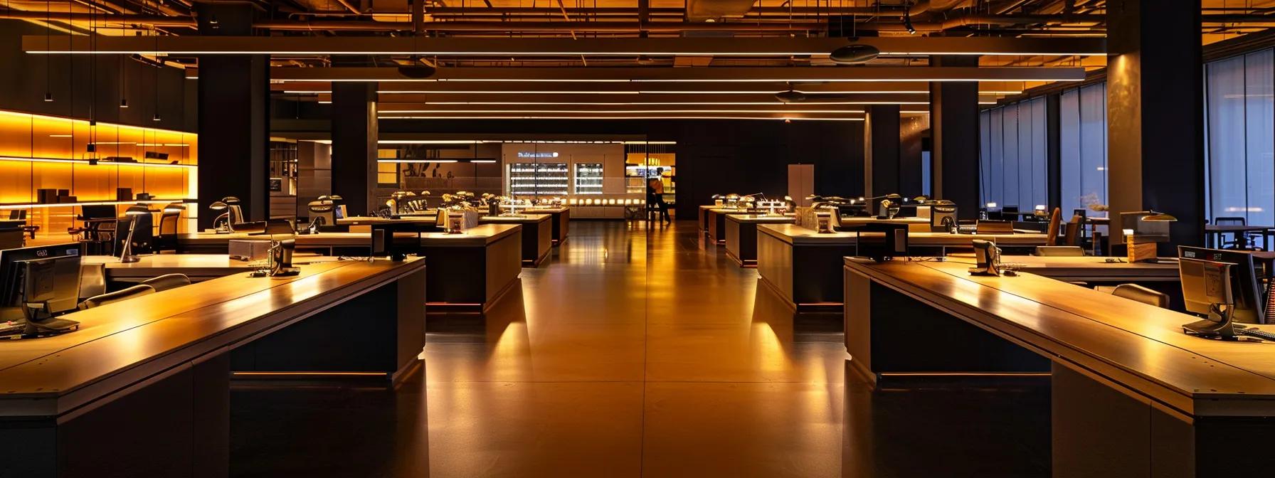 a sleek, modern office space featuring sparkling clean desks and organized workstations, illuminated by vibrant overhead lighting, emphasizing a pristine and professional environment ready for a new day.