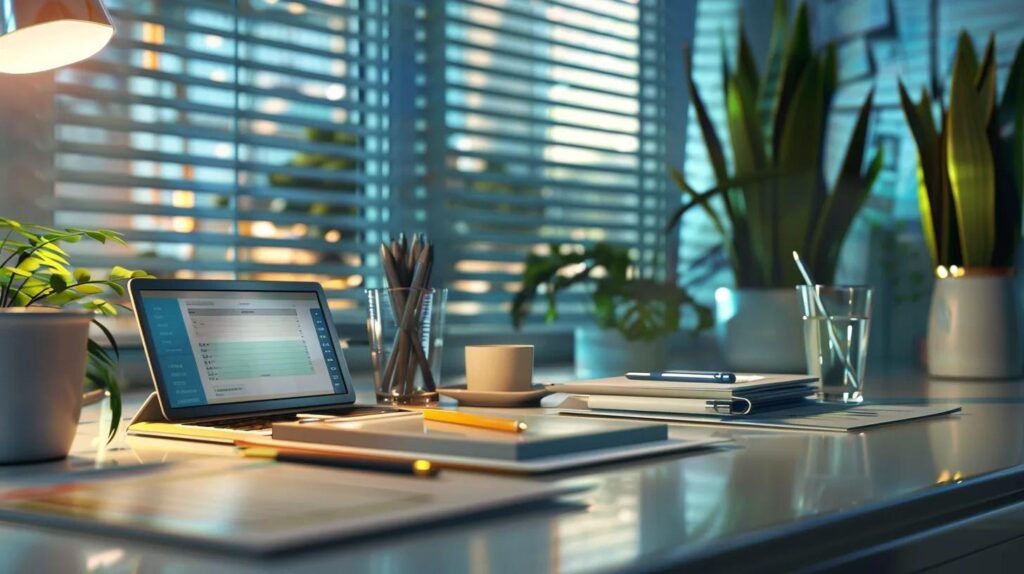a sleek, modern office space showcases a pristine desk with organized stationery, highlighting a cleaning schedule on a digital tablet, bathed in bright, even artificial lighting that emphasizes the importance of cleanliness in a professional environment.
