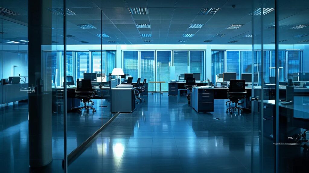 a sleek, modern office space gleams under bright led lighting with meticulously organized desks and spotless surfaces, showcasing the positive impact of frequent cleaning on employee productivity and health.
