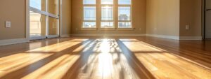 Sunlight floods into an empty room with light-colored walls and wooden floors, casting window shadows across the floor. Tall windows offer a view of city buildings outside.