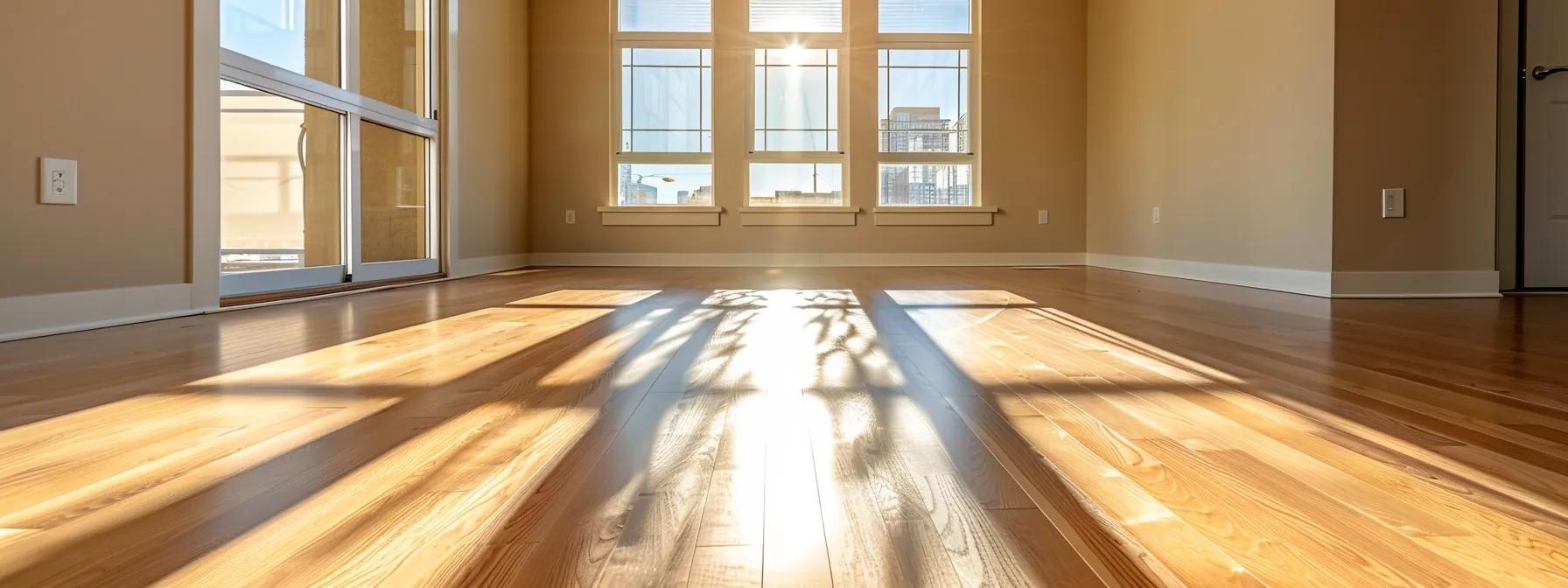 Sunlight floods into an empty room with light-colored walls and wooden floors, casting window shadows across the floor. Tall windows offer a view of city buildings outside.