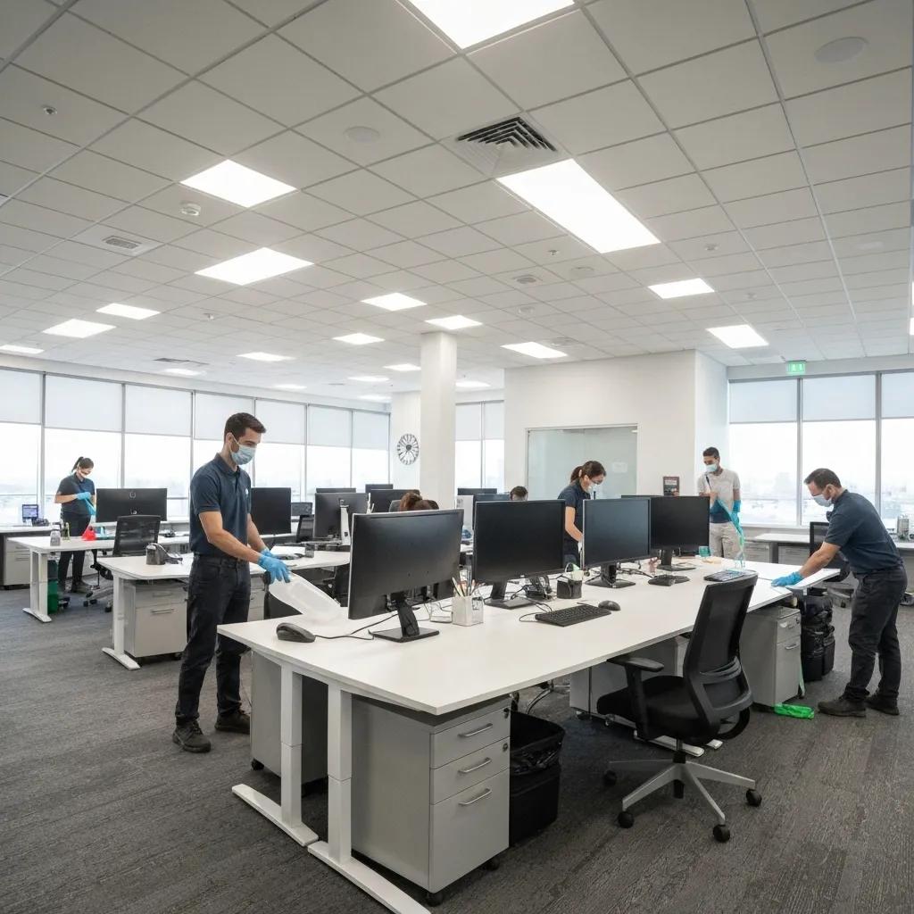 Office cleaning professionals sanitizing workstations and electronic equipment in a modern office environment, ensuring a clean and safe workspace in Scottsdale.