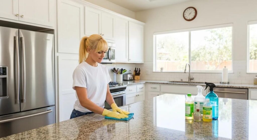 Spotless kitchen in Scottsdale with a cleaner using eco-friendly products, emphasizing hygiene and freshness