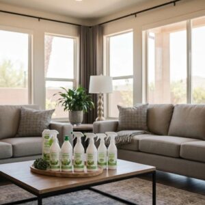Bright living room in Scottsdale featuring eco-friendly cleaning products, showcasing a clean and inviting atmosphere