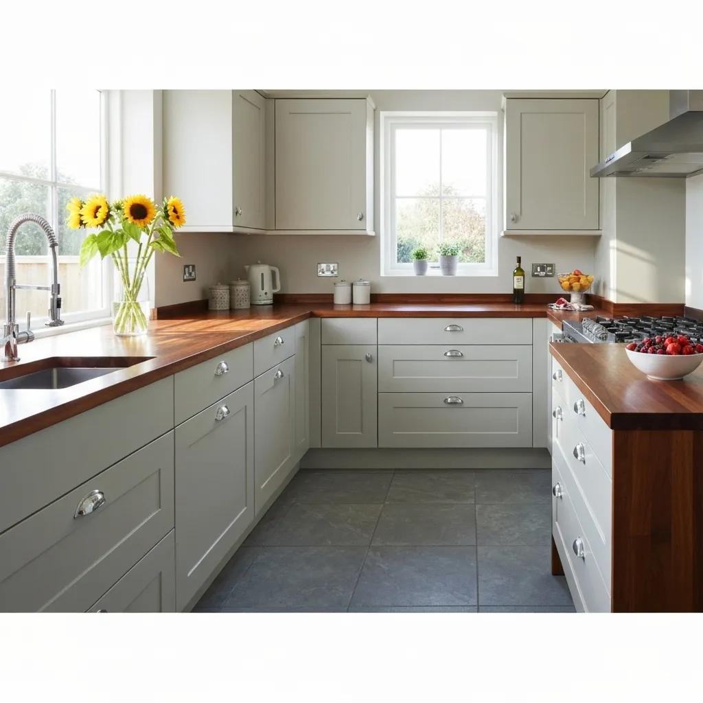 Modern kitchen interior with gray cabinetry, wooden countertops, stainless steel sink, and sunflowers in a vase, illustrating residential cleaning services in Scottsdale.