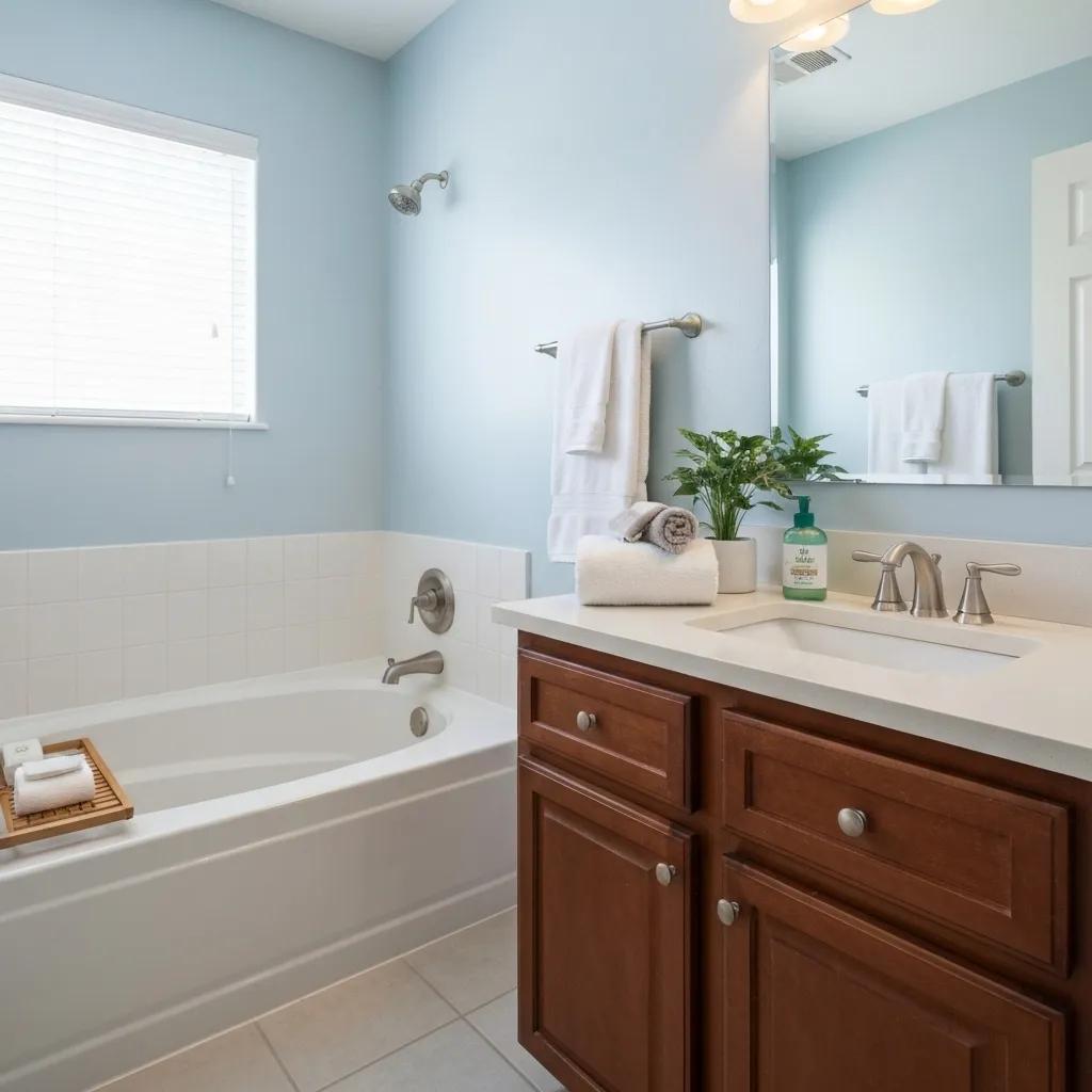 Immaculate bathroom in Scottsdale with eco-friendly cleaning supplies, highlighting cleanliness and comfort