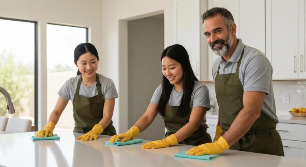 Three professional cleaners in yellow gloves and aprons, diligently wiping a kitchen countertop, emphasizing reliable Scottsdale home cleaning services.