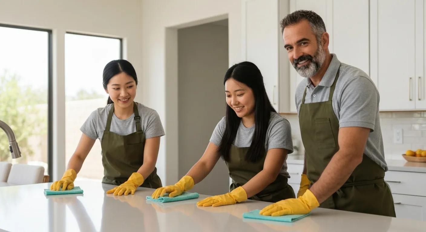 Three professional cleaners in green aprons and yellow gloves cleaning a kitchen countertop, highlighting reliable house cleaning services in Scottsdale.